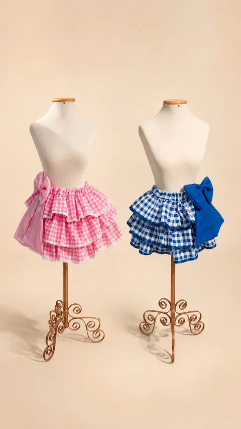 Duas saias xadrez de festa junina, rosa e azul, com babados e laço