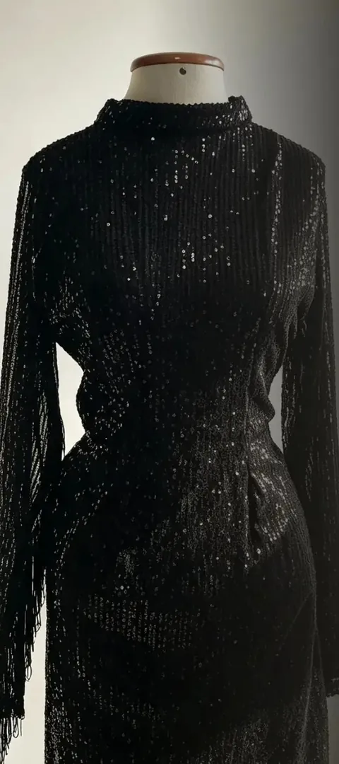 Vestido preto de paetês com franjas nas mangas, no manequim